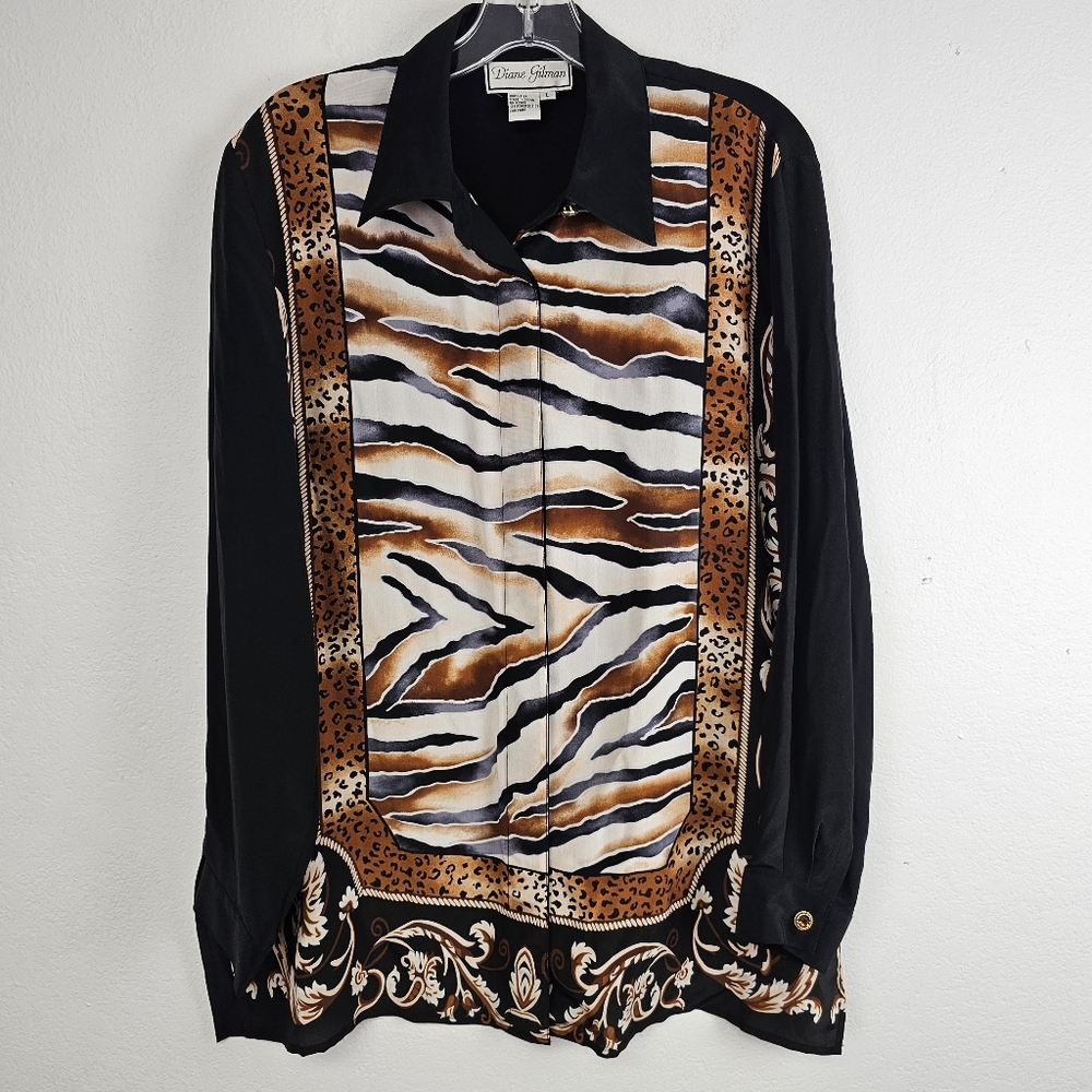 VTG Diane Gilman Silk Blouse Tunic Mixed Animal Print Button Front Sz L Mobwife
